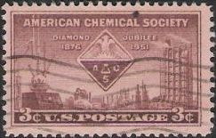 Brown violet 3-cent U.S. postage stamp picturing American Chemical Society symbol and equipment