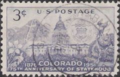 Purple 3-cent U.S. postage stamp picturing Colorado capitol