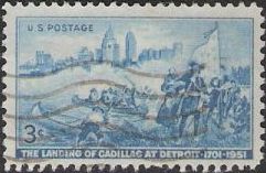 Blue 3-cent U.S. postage stamp picturing Detroit skyline and Antoine de la Mothe Cadillac landing at Detroit