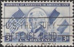 Blue 3-cent U.S. postage stamp picturing Marquis de Lafayette
