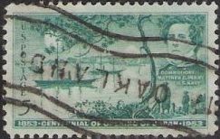 Blue green 3-cent U.S. postage stamp picturing ship and Matthew Perry