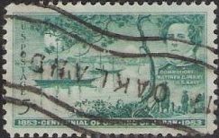 Blue green 3-cent U.S. postage stamp picturing ship and Matthew Perry