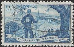 Blue 3-cent U.S. postage stamp picturing farmer