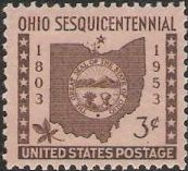Brown 3-cent U.S. postage stamp picturing Ohio outline and state seal
