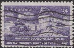 Purple 3-cent U.S. postage stamp picturing George Patton Jr. title=