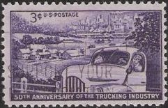 Purple 3-cent U.S. postage stamp picturing truck