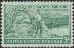 Green 3-cent U.S. postage stamp picturing settler and Washington landscape