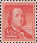 Red orange 0.5-cent U.S. postage stamp picturing Benjamin Franklin