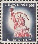 Violet blue and red 8-cent U.S. postage stamp picturing Statue of Liberty