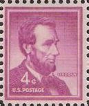 Red violet 4-cent U.S. postage stamp picturing Abraham Lincoln