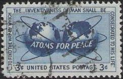 Blue 3-cent U.S. postage stamp picturing globes