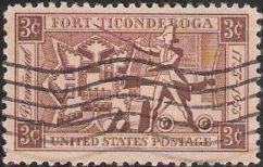 Brown 3-cent U.S. postage stamp picturing map of Fort Ticonderoga