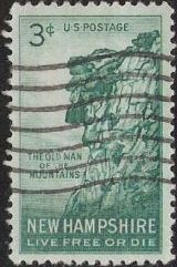 Green 3-cent U.S. postage stamp picturing Old Man of the Mountain