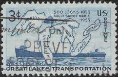 Blue 3-cnet U.S. postage stamp picturing map of Great Lakes and ship