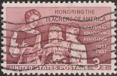 Red violet 3-cent U.S. postage stamp picturing teacher and students