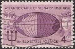 Purple 4-cent U.S. postage stamp picturing globe, Neptune, and Mermaid