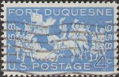Blue 4-cent U.S. postage stamp picturing soldiers at Fort Duquesne