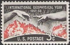 Black and orange 3-cent U.S. postage stamp picturing hands and flames