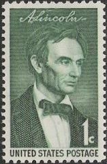 Green 1-cent U.S. postage stamp picturing Abraham Lincoln