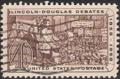 Brown 4-cent U.S. postage stamp picturing Abraham Lincoln and Stephen Douglas at debate