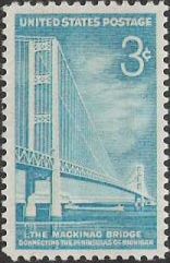 Turquoise 3-cent U.S. postage stamp picturing Mackinac Bridge