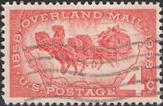 Rose 4-cent U.S. postage stamp picturing horses pull stagecoach