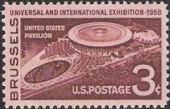 Brown red 3-cent U.S. postage stamp picturing U.S. pavilion at Universal and International Exhibition in Brussels, Belgium