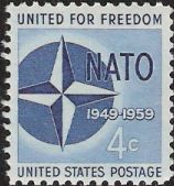 Blue 4-cent U.S. postage stamp picturing NATO emblem