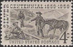 Black 4-cent U.S. postage stamp picturing prospectors