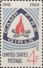 Blue and red 4-cent U.S. postage stamp picturing Camp Fire Girls logo