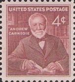 Red violet 4-cent U.S. postage stamp picturing Andrew Carnegie