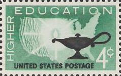 Green and black 4-cent U.S. postage stamp picturing outline of United States and lamp