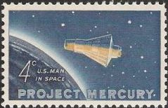 Blue and yellow 4-cent U.S. postage stamp picturing Mercury space capsule