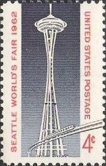 Blue and red 4-cent U.S. postage stamp picturing Space Needle
