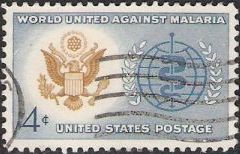 Blue and brown yellow 4-cent U.S. postage stamp picturing U.S. seal and World Health Organization logo