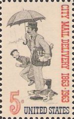 5-cent U.S. postage stamp picturing mail carrier and boy