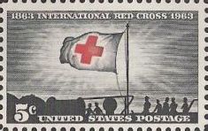 Black and red 5-cen tU.S. postage stamp picturing Red Cross flag