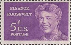 Purple 5-cent U.S. postage stamp picturing Eleanor Roosevelt