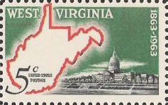 5-cent U.S. postage stamp picturing outline of West Virginia and state capitol