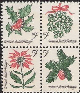 Block of four 5-cent U.S. postage stamps picturing holiday flora