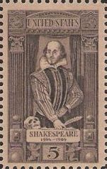 Black 5-cent U.S. postage stamp picturing William Shakespeare