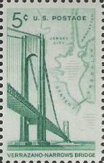 Green 5-cent U.S. postage stamp picturing Verrazano-Narrows Bridge