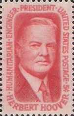 Red 5-cent U.S. postage stamp picturing Herbert Hoover