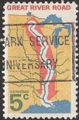 5-cent U.S. postage stamp picturing map of central United States with Mississippi River highlighted