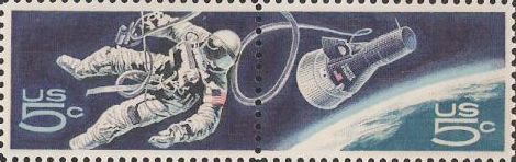Pair of 5-cent U.S. postage stamps picturing astronaut and space capsule