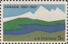 5-cent U.S. postage stamp picturing mountain and rivers