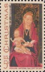 5-cent U.S. postage stamp picturing Memling's Madonna and child painting
