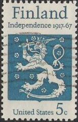 Blue 5-cent U.S. postage stamp picturing Finnish coat of arms