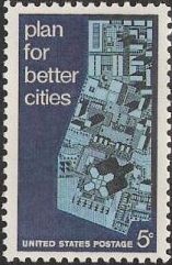 Blue 5-cent U.S. postage stamp picturing overhead view of city layout