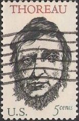 Black and maroon 5-cent U.S. postage stamp picturing Henry David Thoreau
